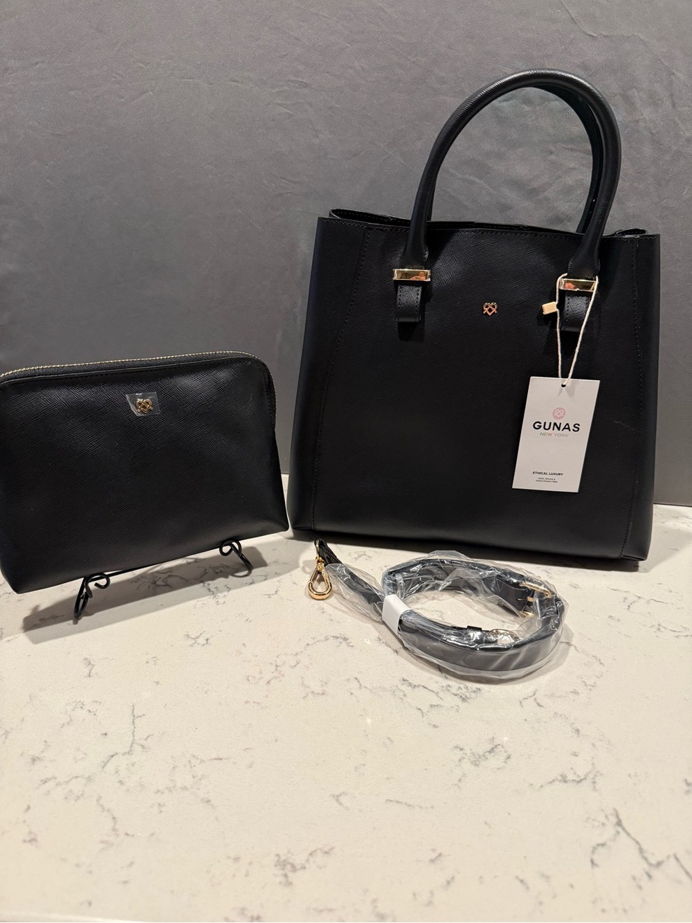 Black Leather Tote with Pouch